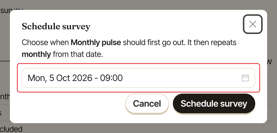 The Schedule survey window, with the date and hour picker highlighted