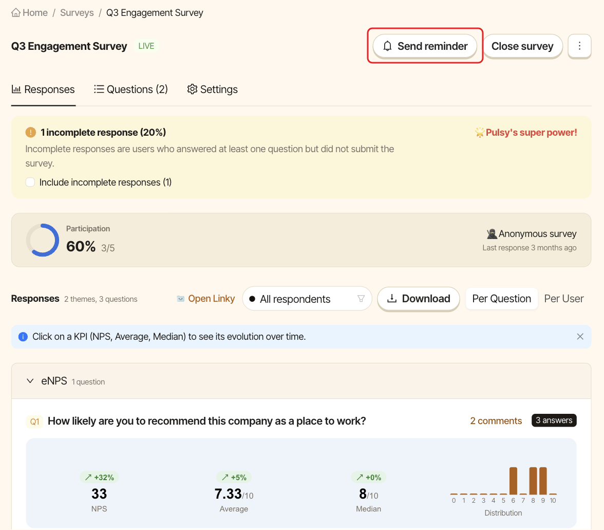 A live survey page, with the Send reminder button highlighted