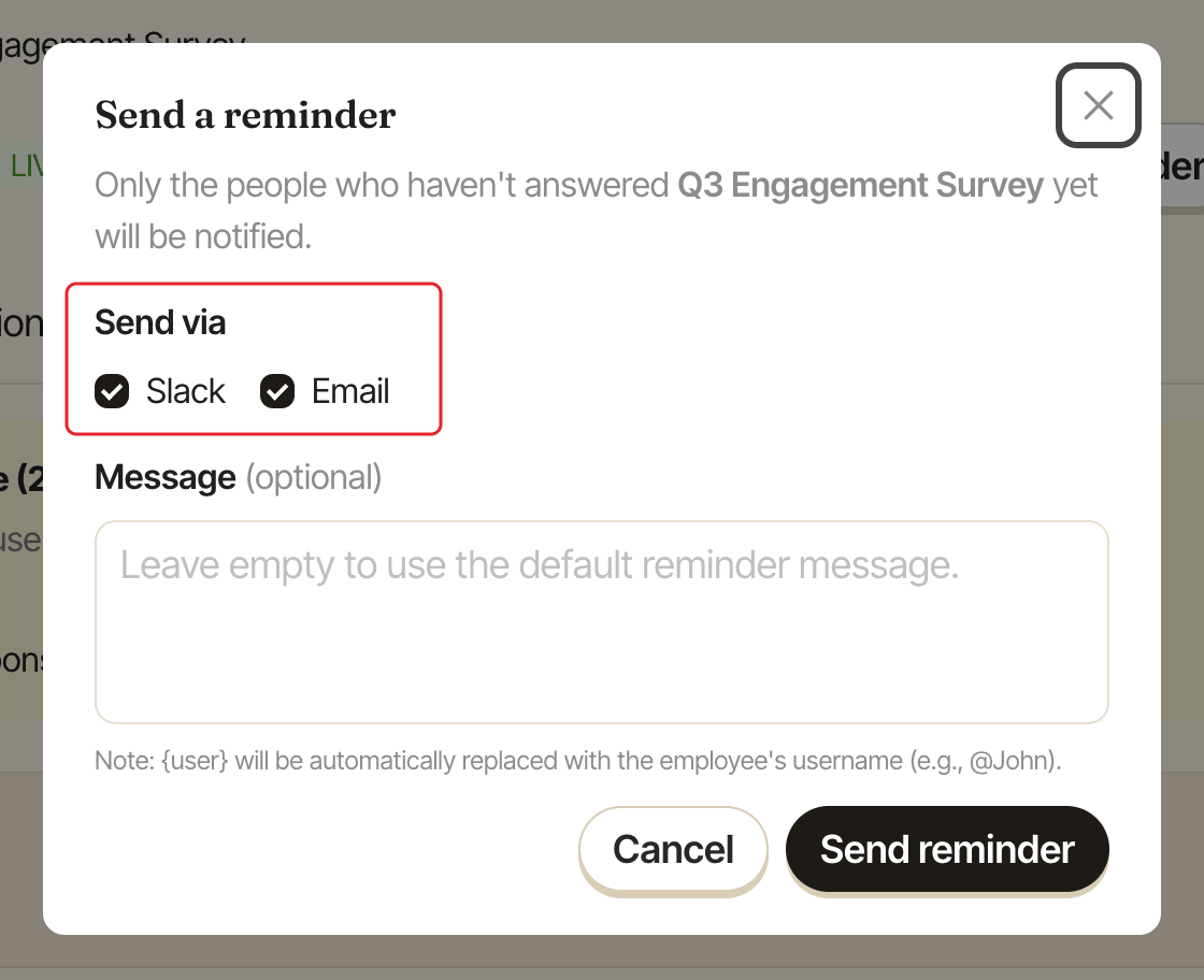 The Send a reminder window, with the Send via checkboxes highlighted