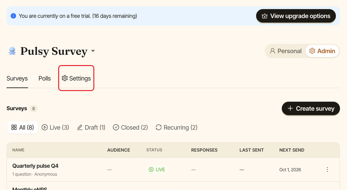 The Pulsy dashboard in Admin mode, with the Settings tab highlighted