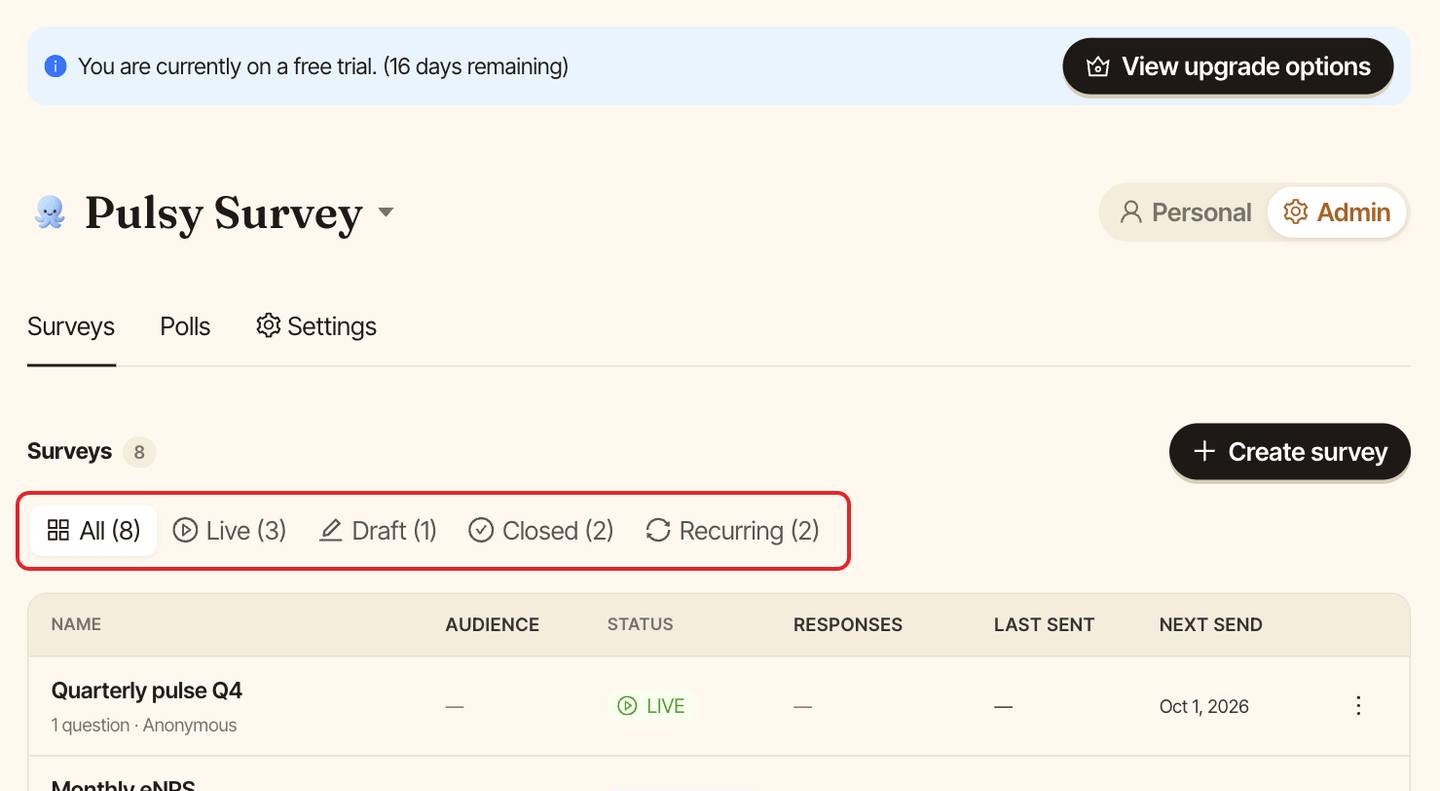The Surveys tab, with the All, Live, Draft, Closed and Recurring filters highlighted