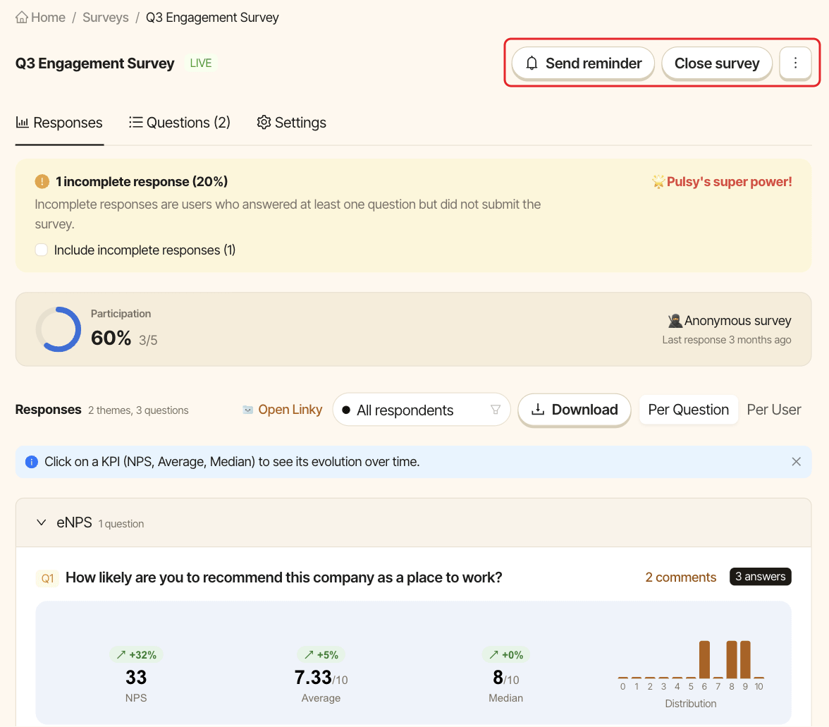 A live survey page, with the Send reminder and Close survey buttons and the more menu highlighted