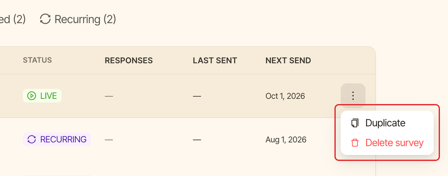A survey's row menu open, with Duplicate and Delete survey highlighted