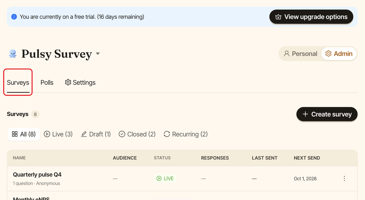 The Pulsy dashboard in Admin mode, with the Surveys tab highlighted