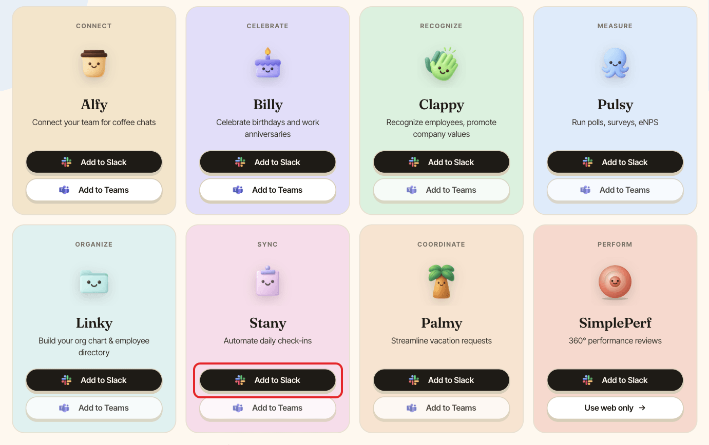 The BuddiesHR Get started page, with Stany's Add to Slack button highlighted
