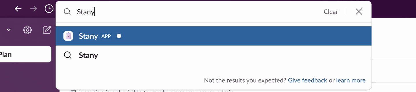 Slack's search bar with "Stany" typed in and the Stany app highlighted in the results