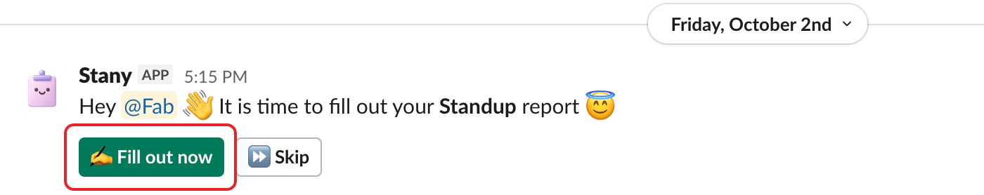 Stany's direct message, with the Fill out now button highlighted