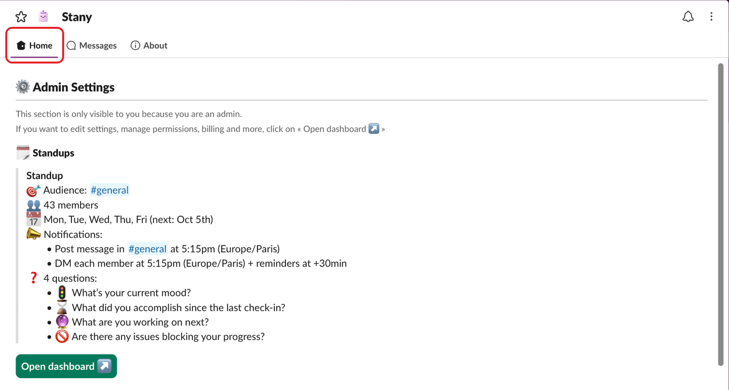 Stany's Home tab in Slack, with the Home tab highlighted