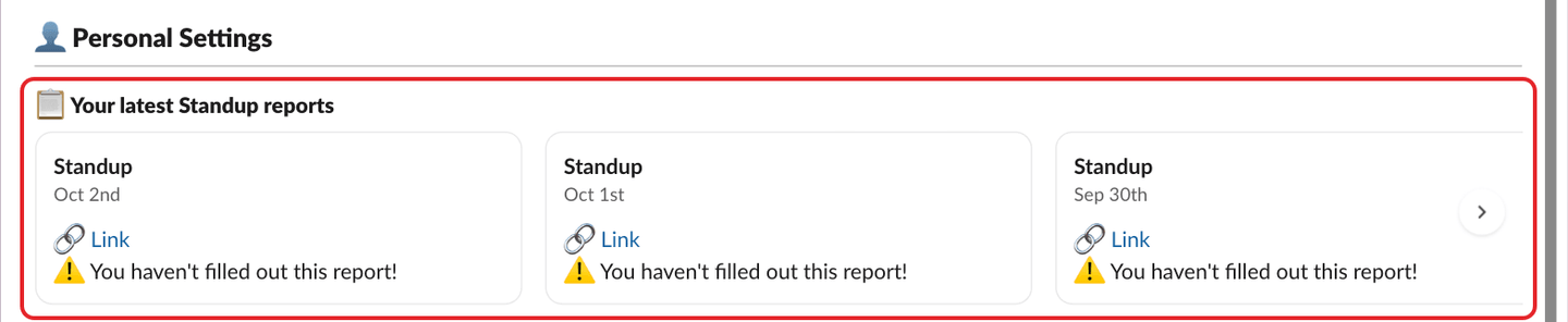 The Personal Settings section of Stany's Home tab, with the Your latest Standup reports carousel highlighted