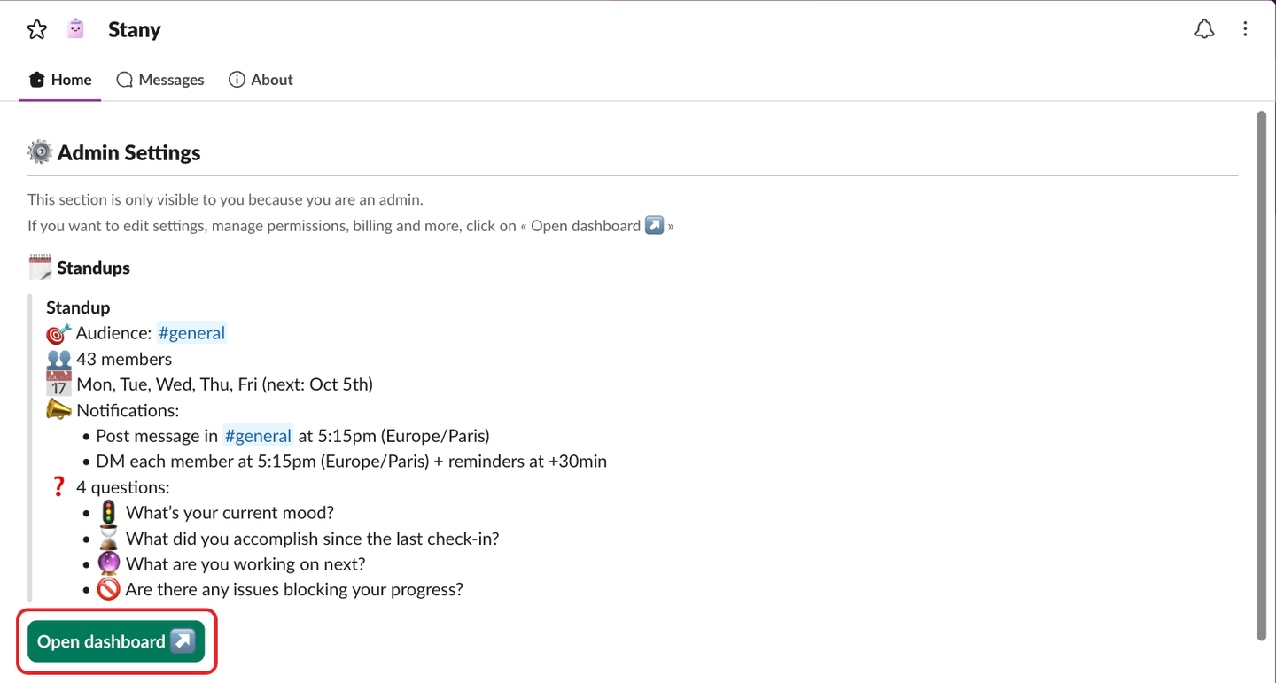 The Admin Settings section of Stany's Home tab, with the Open dashboard button highlighted