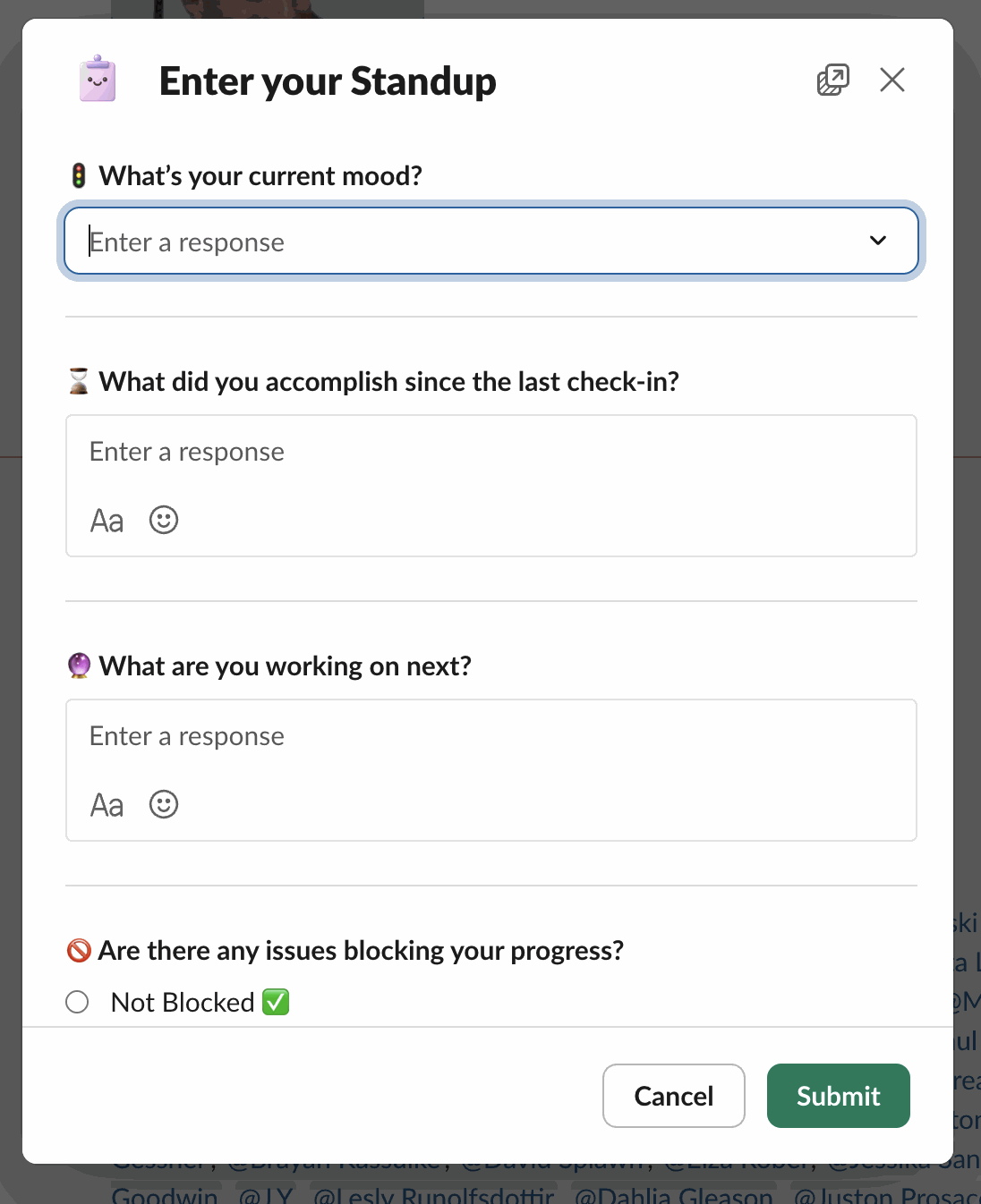 The "Enter your Standup" form with the mood, accomplishments, next steps and blockers questions
