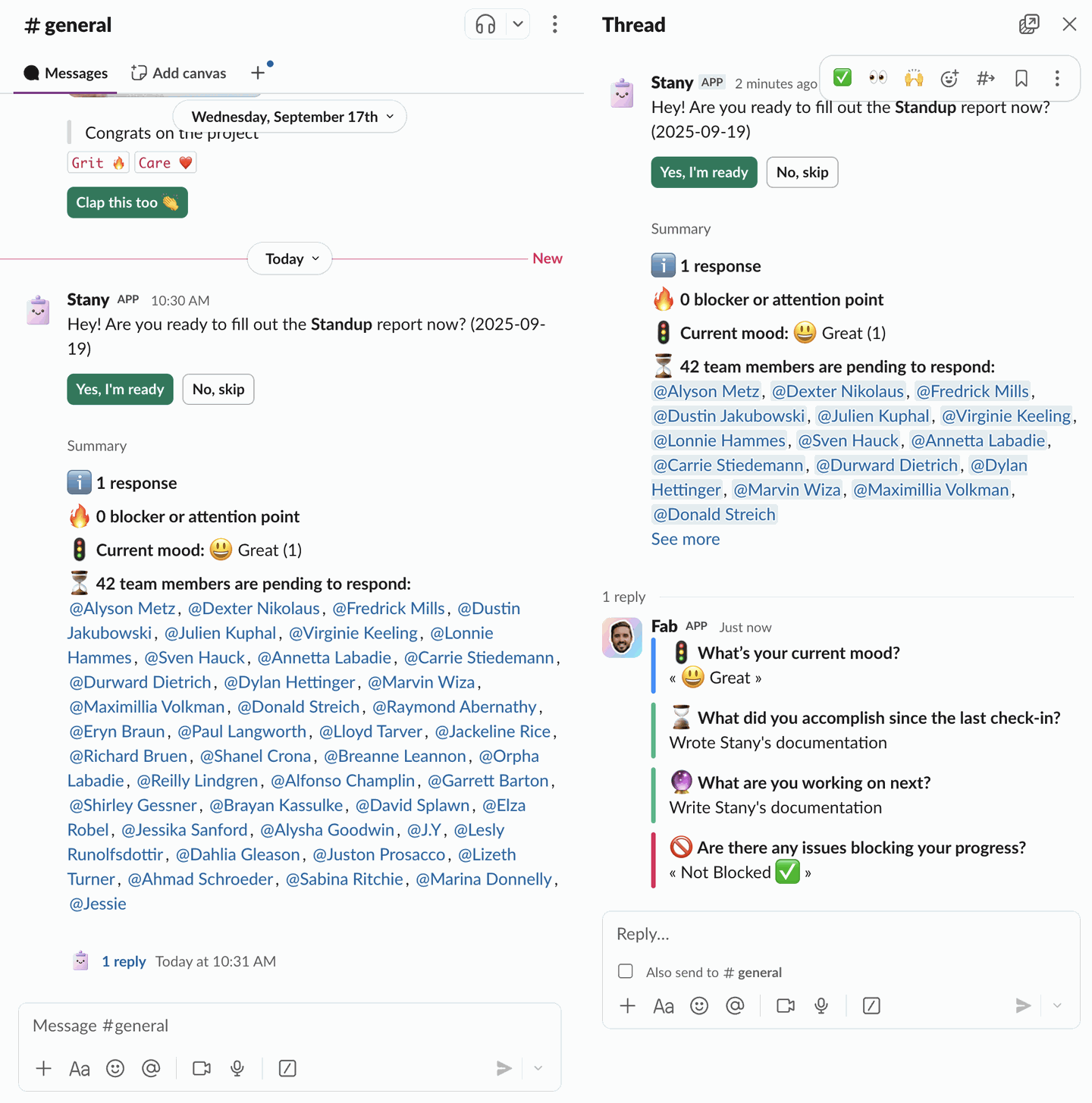 A standup message in the #general channel, with a submitted answer shown in its thread