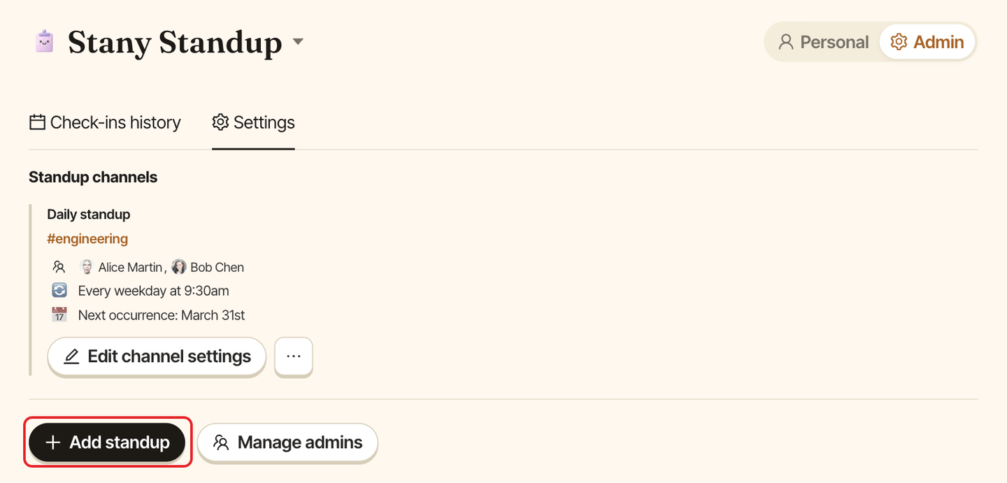 The Stany Settings tab, with the Add standup button highlighted
