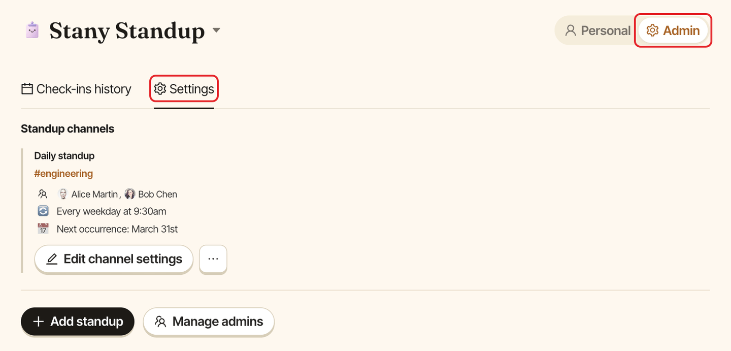 The Stany dashboard, with the Admin view and the Settings tab highlighted