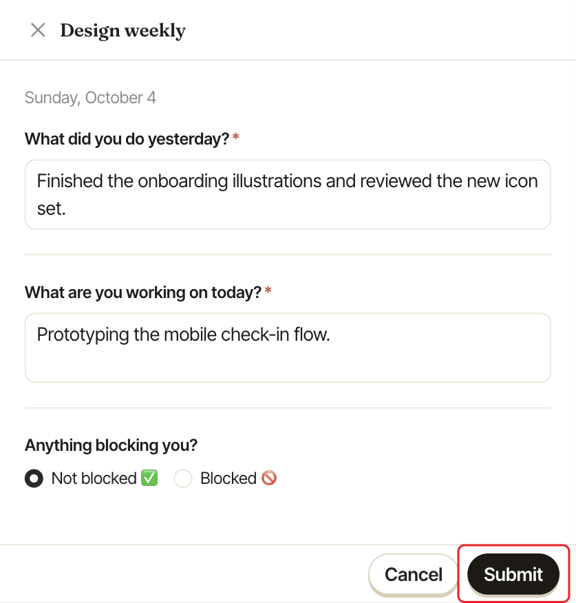 The check-in panel with answers filled in, with the Submit button highlighted
