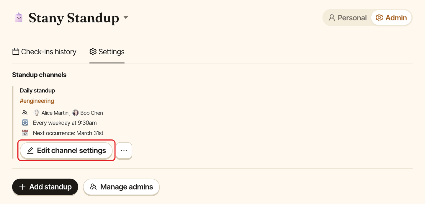 A standup card, with the Edit channel settings button highlighted