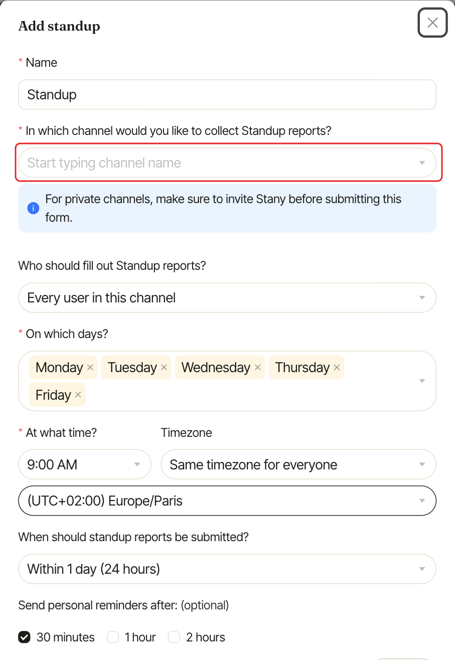 The standup setup form, with the channel field highlighted