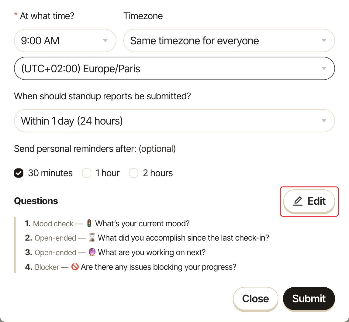 The bottom of the standup form, with the Edit button next to Questions highlighted