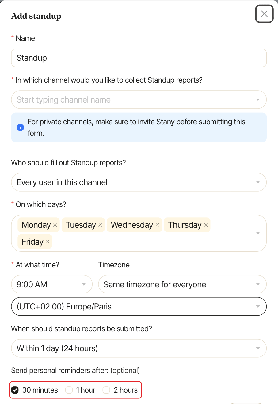 The standup form, with the Send personal reminders after checkboxes highlighted