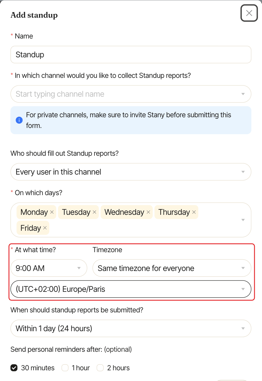 The standup form with Each user's timezone selected, with the channel posting time and timezone highlighted