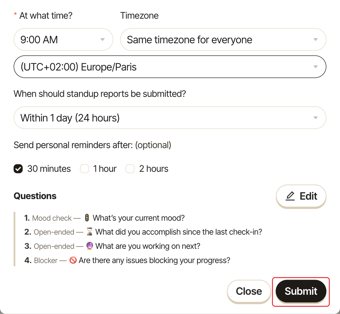 The bottom of the standup setup form, with the Submit button highlighted
