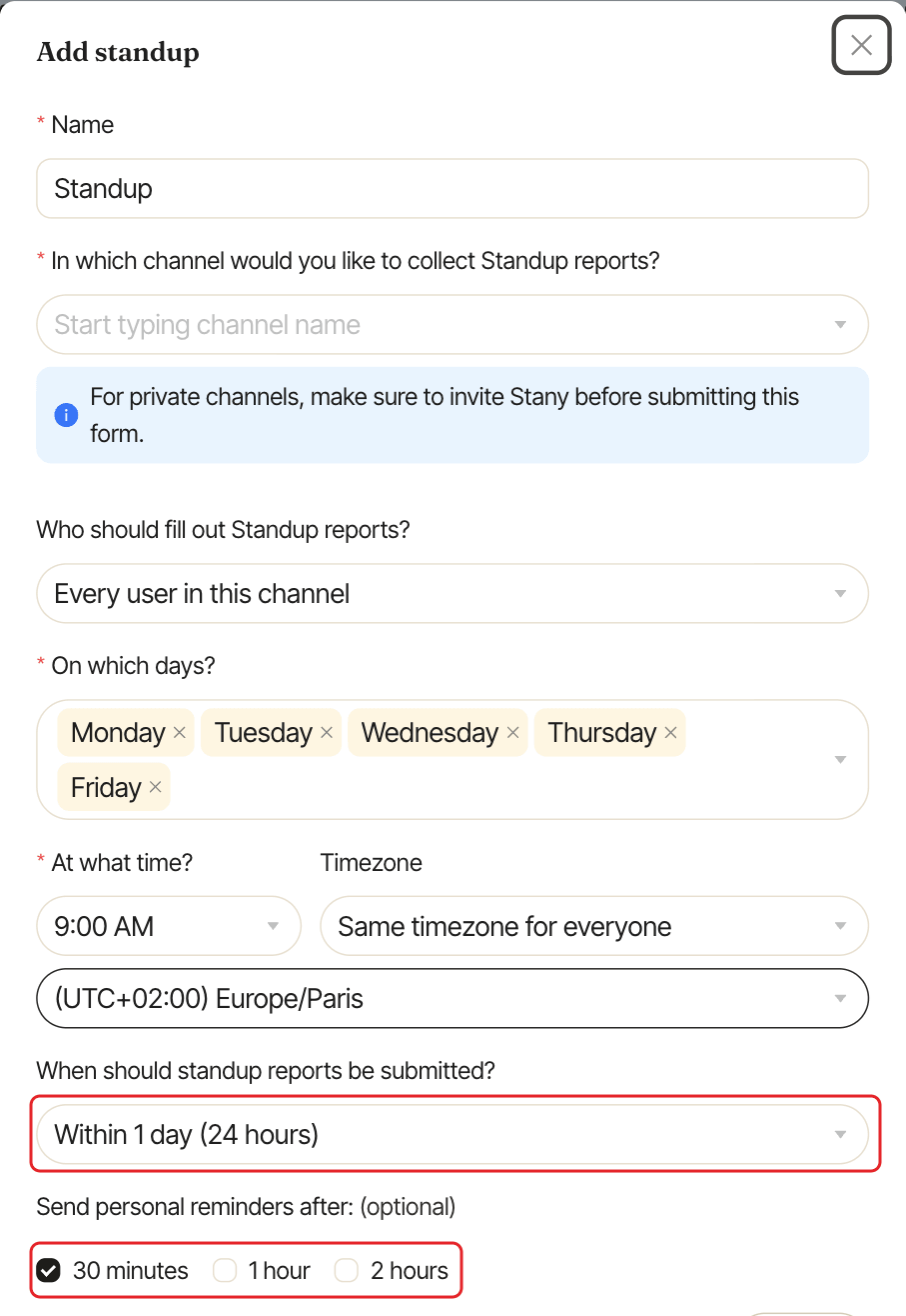 The bottom of the Add standup form, with the submission deadline and personal reminders highlighted