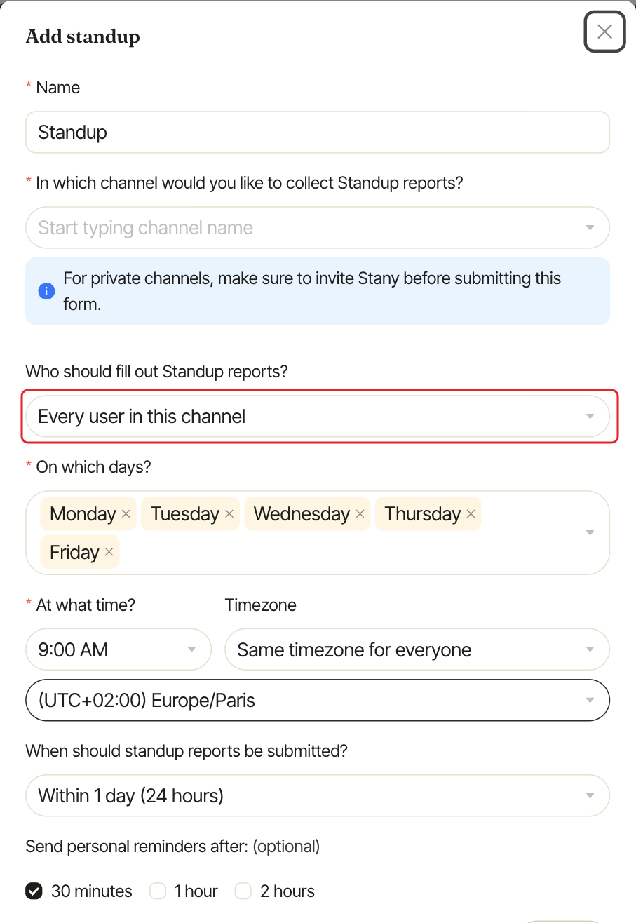 The standup form, with the Who should fill out Standup reports? field highlighted