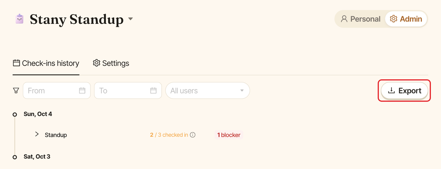 The Check-ins history tab, with the Export button highlighted