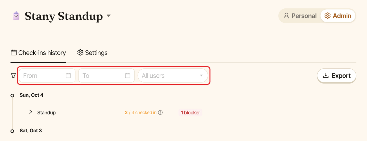The Check-ins history tab, with the From, To and All users filters highlighted