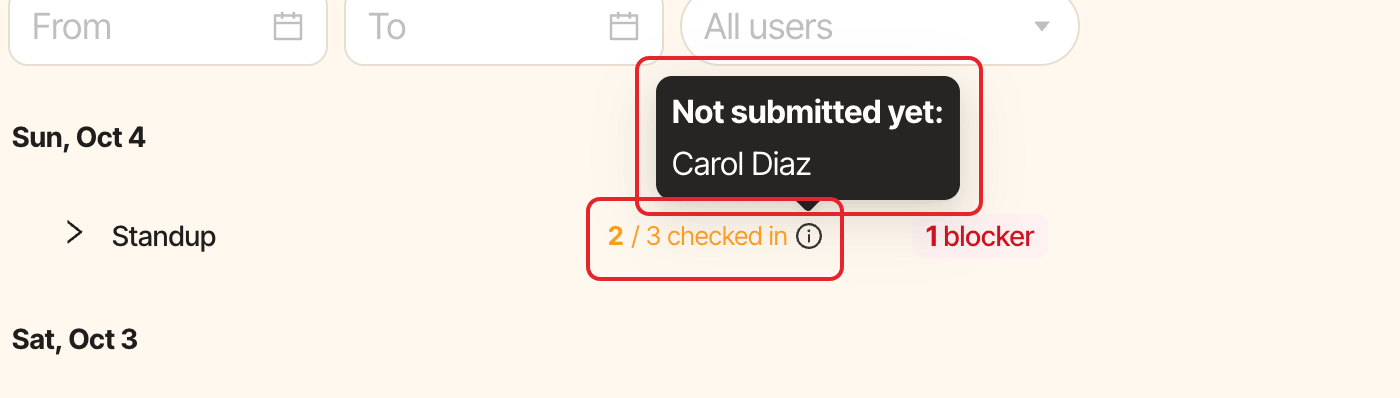 A standup in the Check-ins history, with the 2 / 3 checked in count and its Not submitted yet tooltip highlighted