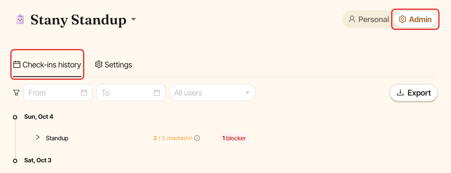 The Stany dashboard, with the Admin view and the Check-ins history tab highlighted