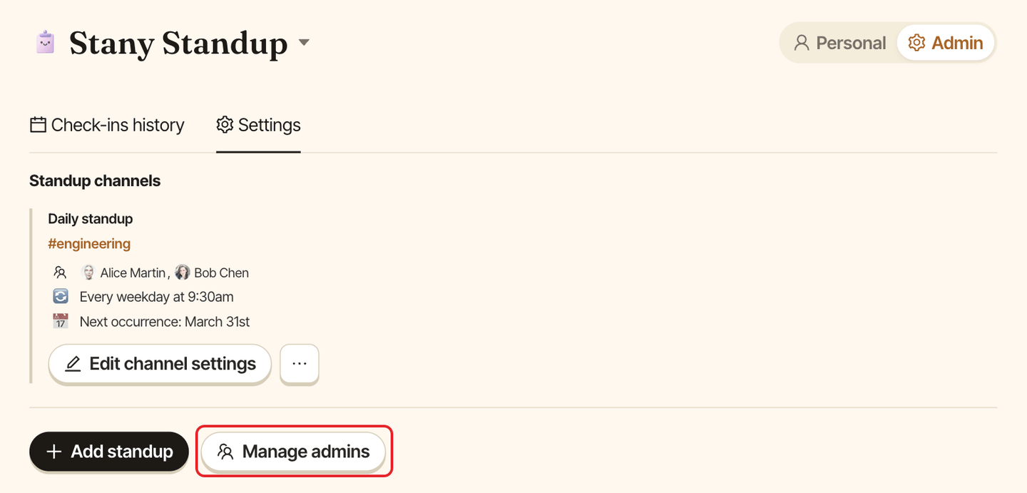 The Stany Settings tab in the web dashboard, with the Manage admins button highlighted