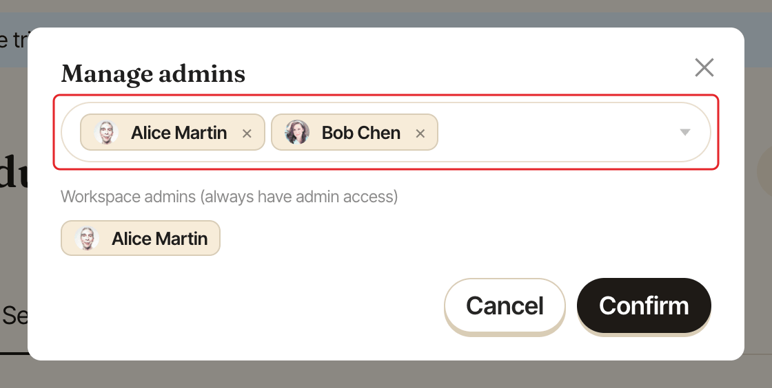 The Manage admins window, with the field listing the current Stany admins highlighted