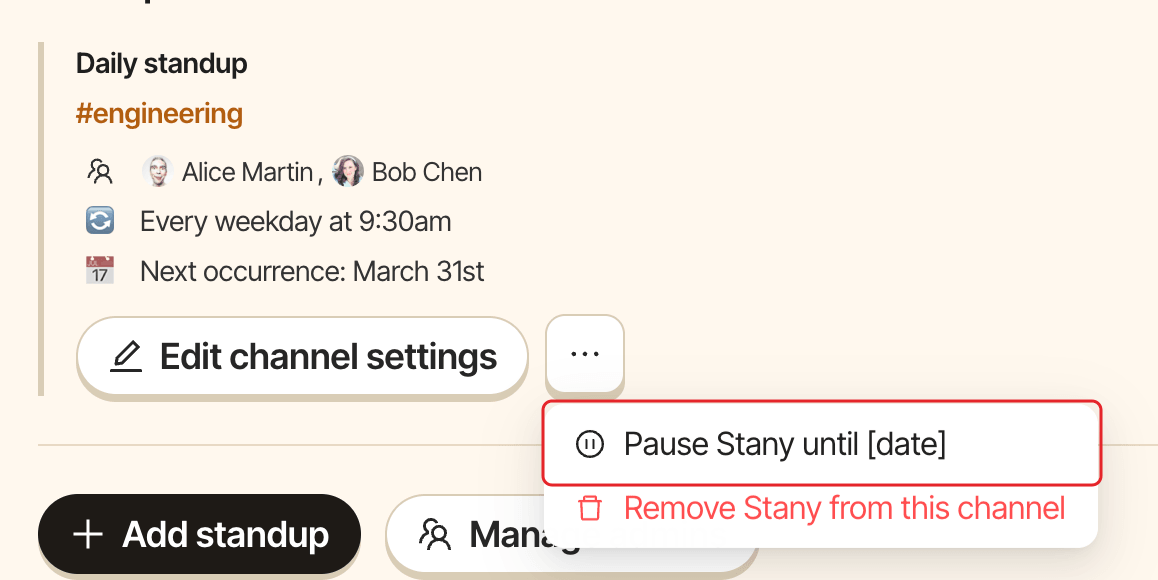 A standup card's menu, with the Pause Stany until item highlighted