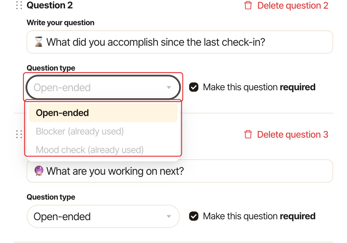 The question editor, with the Question type dropdown open