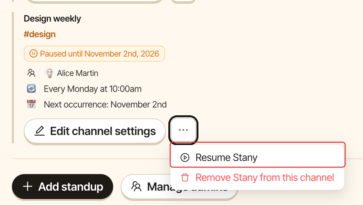 A paused standup card's menu, with the Resume Stany item highlighted