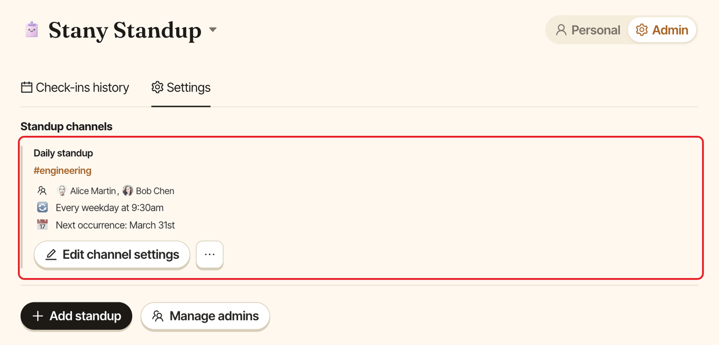 A standup card on the Settings tab, showing its channel, members, schedule and next occurrence