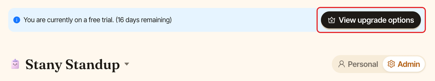 The free trial banner on the Stany dashboard, with the View upgrade options button highlighted